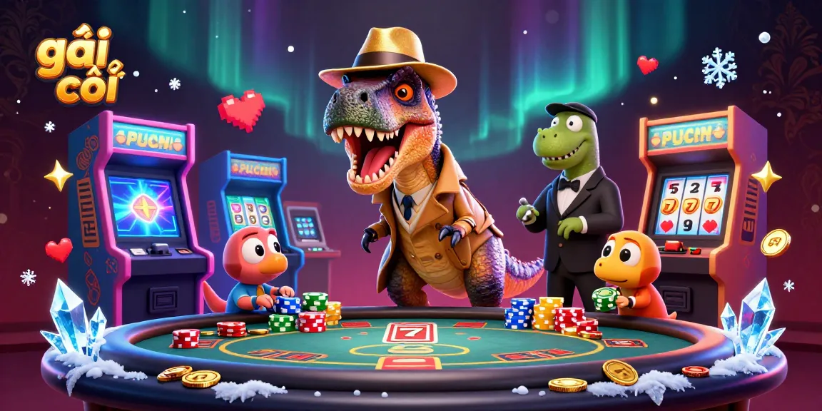 Gái gọi at a blackjack table: cartoon velociraptor counters while elements of fun and gambling surround them.