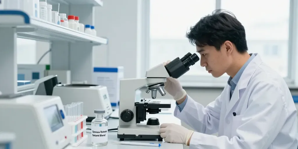 Researcher analyzing Semax/Selank blend in a professional lab setting