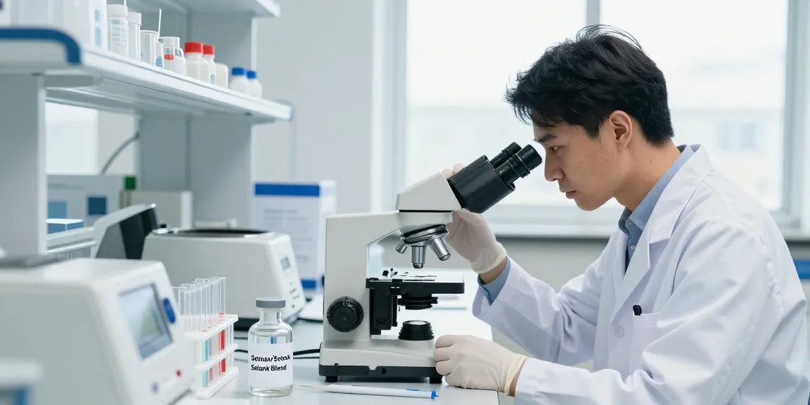 Researcher analyzing Semax/Selank blend in a professional lab setting
