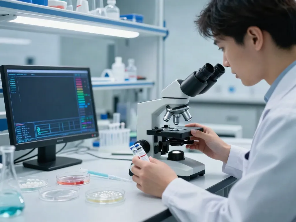 Researcher examining peptide vials in a lab, exploring if peptides are expensive for therapy.