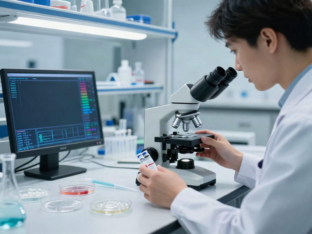 Researcher examining peptide vials in a lab, exploring if peptides are expensive for therapy.