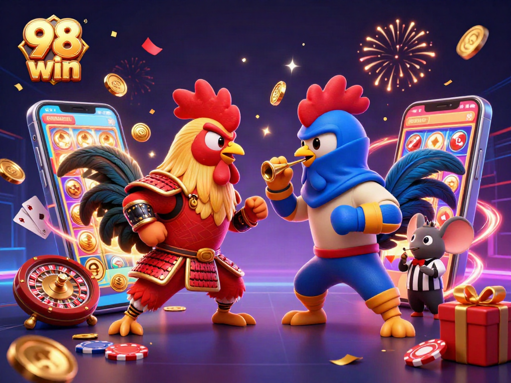 Engage in thrilling 98 win action with fighting roosters, colorful slot games, and vibrant casino elements.