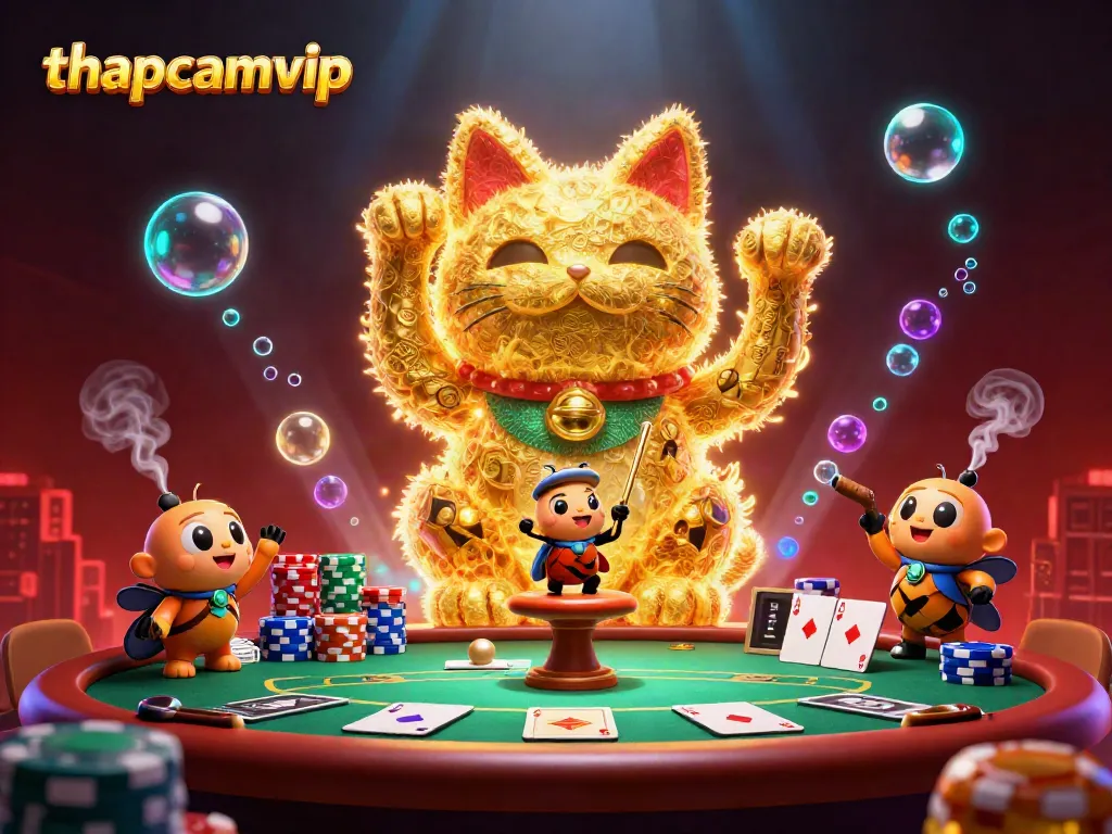 Experience thrilling moments at thapcamvip with a vibrant scene of a lucky cat and golden fireflies at a poker table.