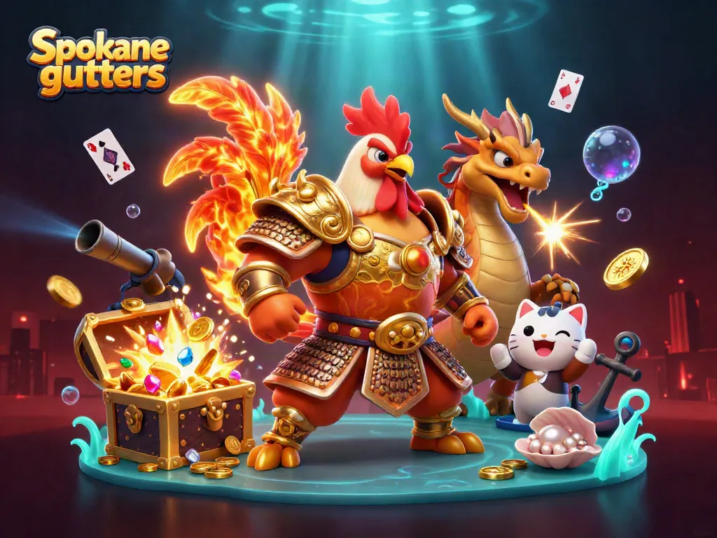 Experience Spokane gutters with an energetic scene featuring cartoon rooster warriors, gold coins, and vivid casino elements.