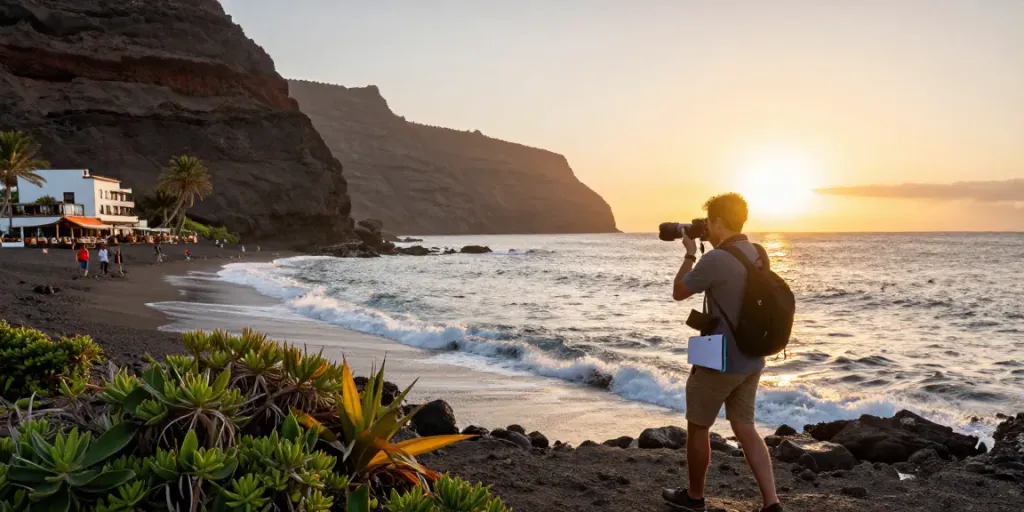 Canarian news landscape featuring a journalist capturing coastal beauty at sunset.