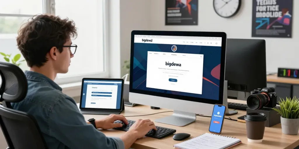 User engaging with bigdewa login on desktop computer in modern office environment.