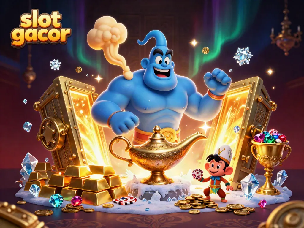 Slot gacor menampilkan jin biru raksasa dengan koin emas, permata, dan permainan slot dalam pengaturan kasino yang meriah.