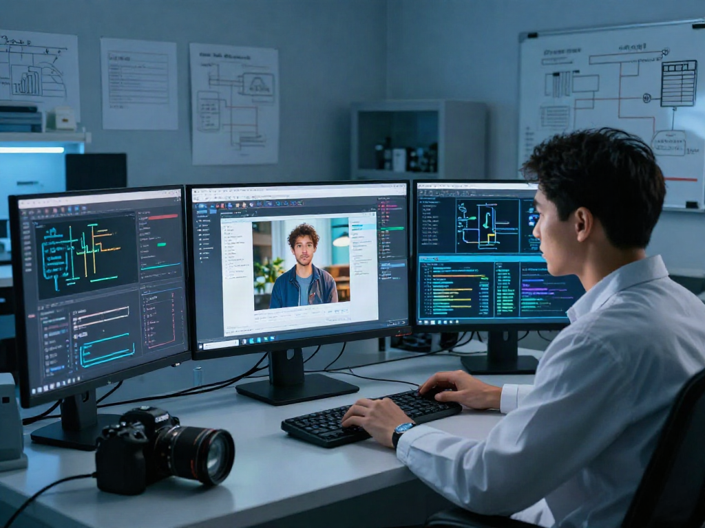 Data scientist utilizing AI-Generated Image Detection tools in a high-tech lab environment.