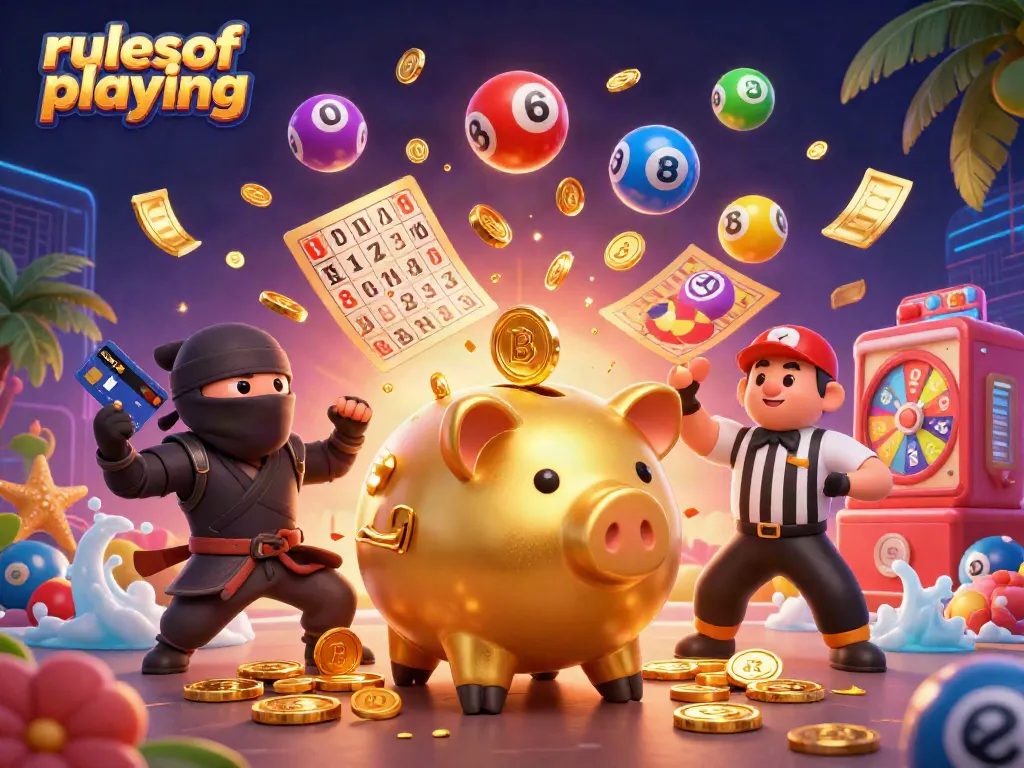 Engage with the vibrant world of rulesofplaying featuring a sumo wrestler piggy bank, ninja, and samurai in a lively casino scene.