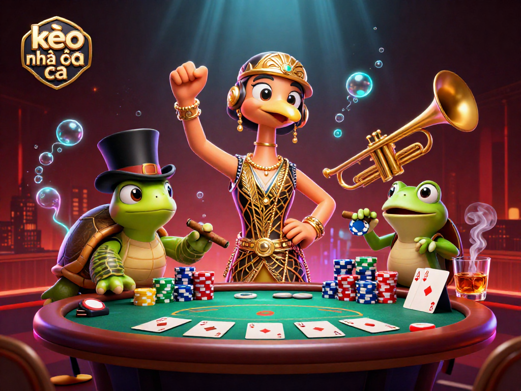 Engage with kèo nhà cái and enjoy a lively casino atmosphere with poker and whimsical characters.