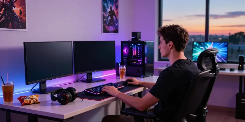 Gamer immersed in a vibrant singatoto gaming environment with multiple monitors and LED lights.