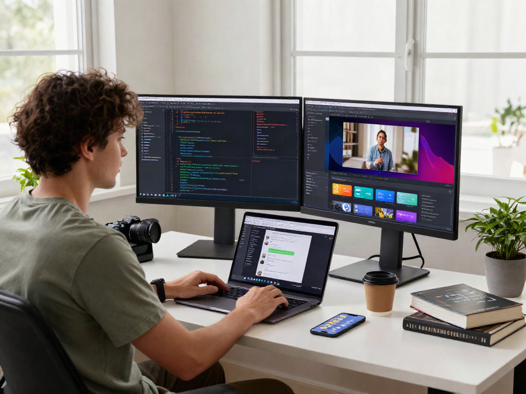 Pikashow content streaming on a laptop in a modern tech workspace.