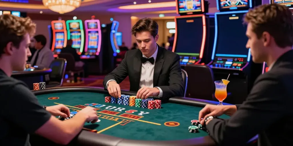 Player engaging in exciting Vegas88 blackjack game at a luxury casino table.