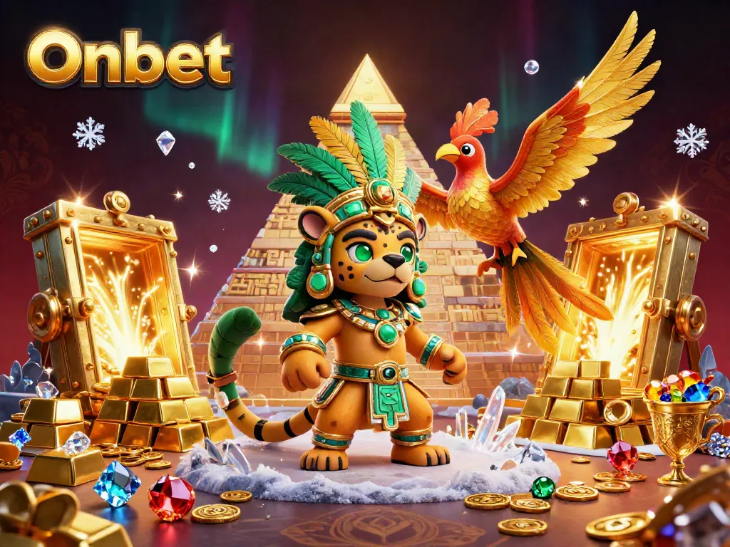 Win at Onbet with this vibrant Mayan-themed casino illustration highlighting thrilling jackpots and treasures.