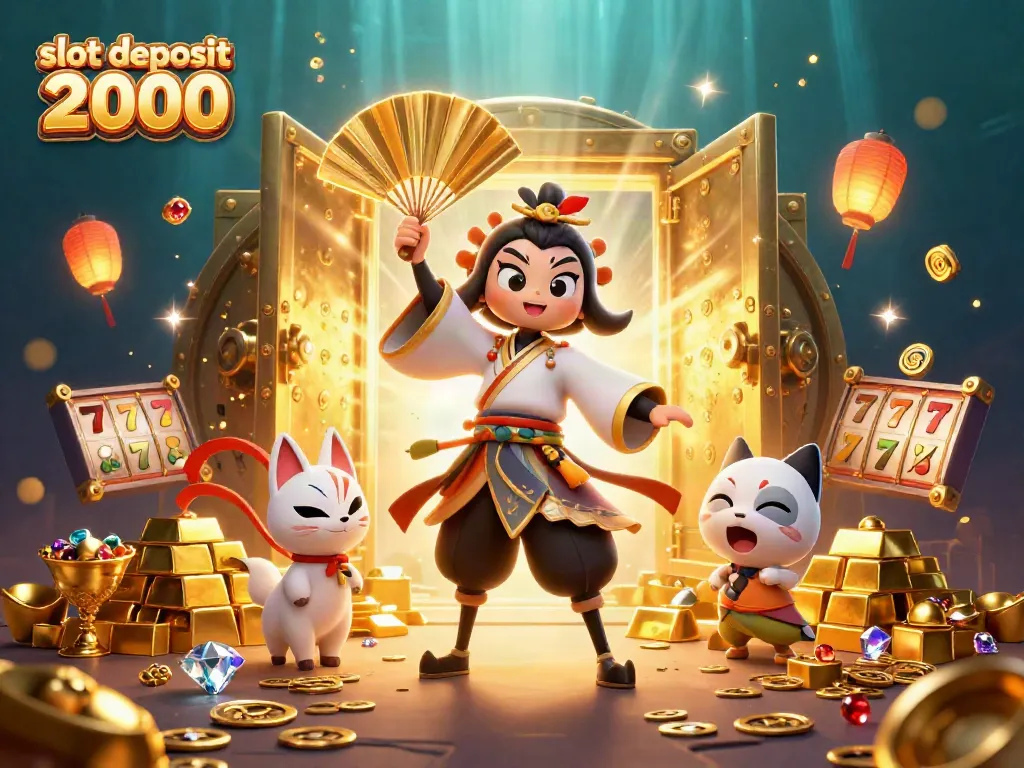 Engage in thrilling slot deposit 2000 action with vibrant 3D illustration of kabuki characters and treasures.