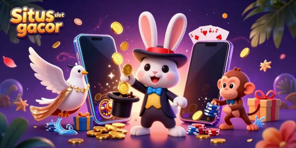Experience the thrill of Situs slot gacor with a magician rabbit, dove, and monkey in a dynamic casino scene.