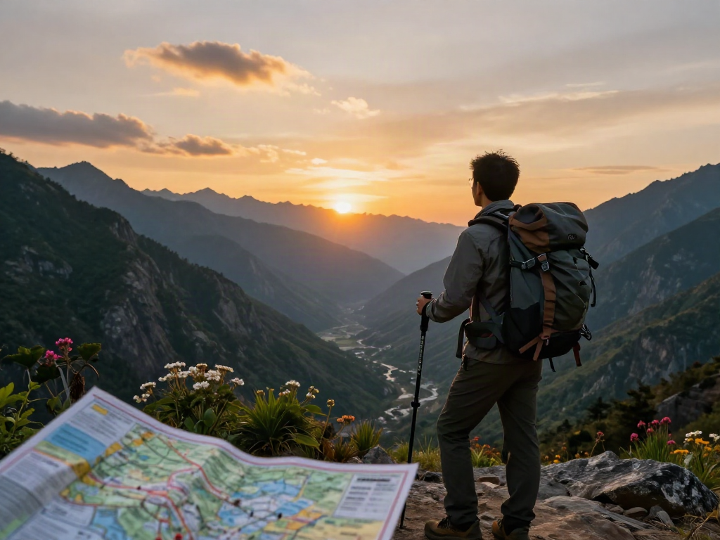 Manaslu Trek traveler enjoying a sunset view with impressive mountains and hiking gear