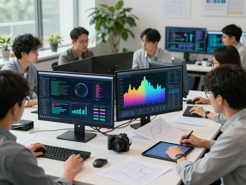 Engineer analyzing metrics of what are AI tokens with team in modern workspace