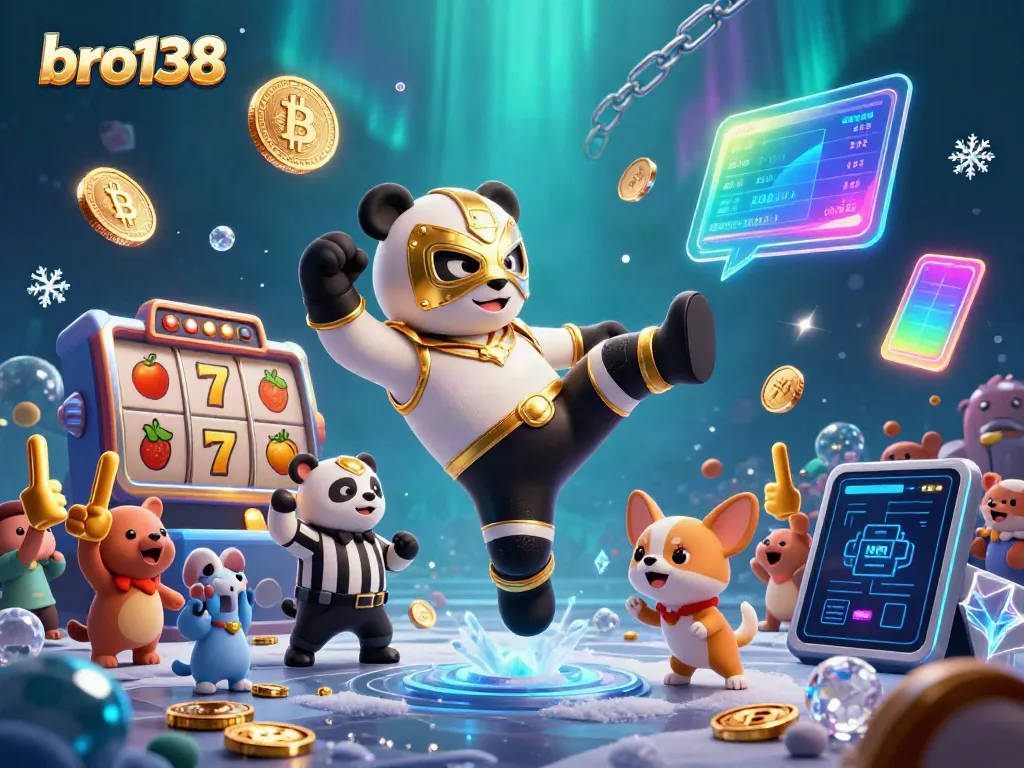 Experience thrilling gaming action at bro138 with a dynamic 3D panda wrestler amidst slot games and crypto elements.