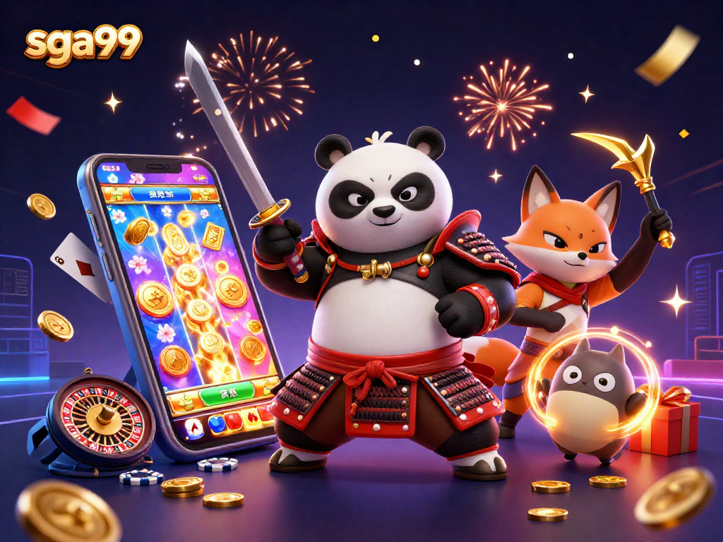 Experience thrilling gaming with sga99 as a samurai panda and ninja fox celebrate wins.
