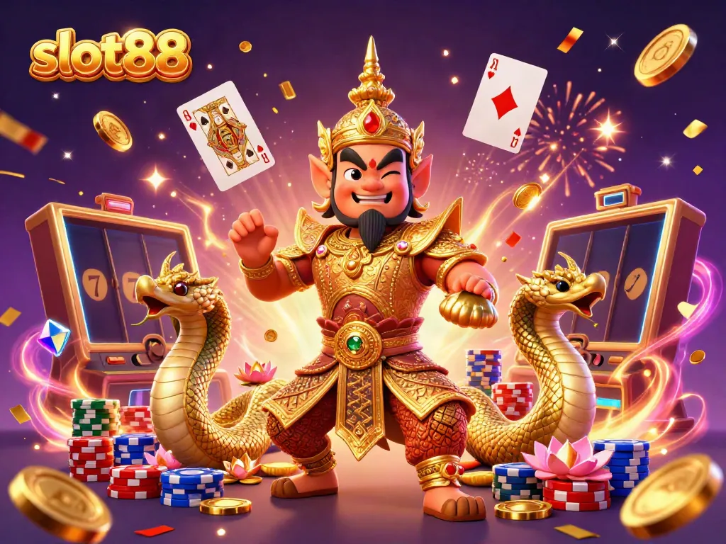 Experience excitement with slot88: golden coins, colorful chips, and animated slot reels.
