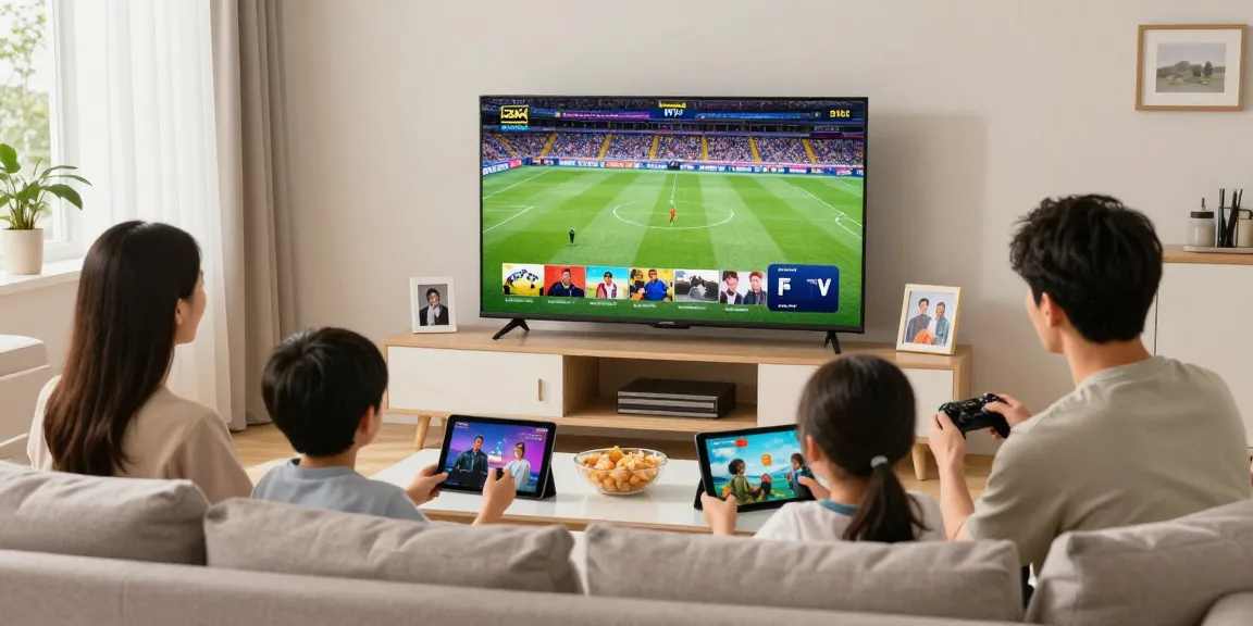 Gezin geniet van Dutch IPTV in 4K kwaliteit in een gezellige woonkamer.