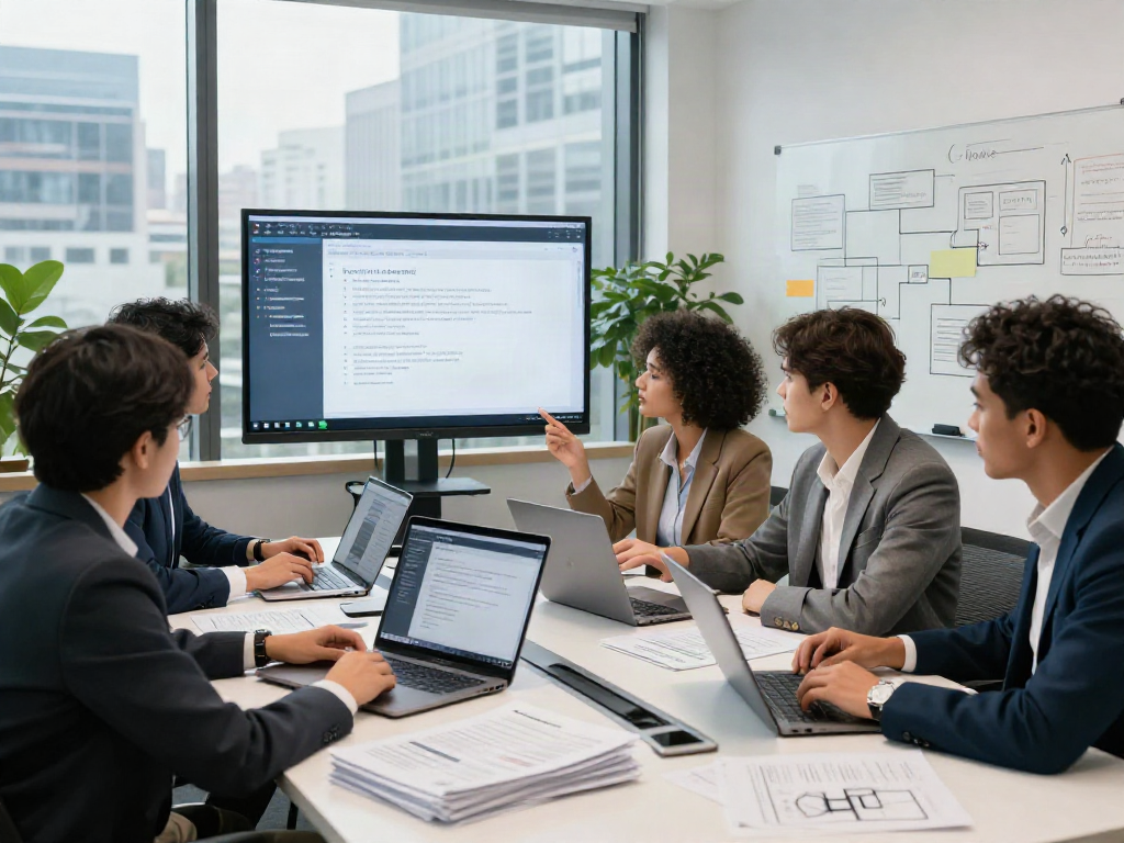 Team analyzing document fraud detection software in a modern office setting, showcasing collaboration and innovation.