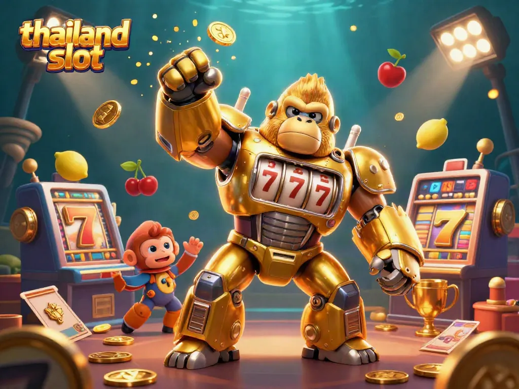 Experience the thrill of thailand slot action with dynamic golden gorilla mech and vibrant slot elements.