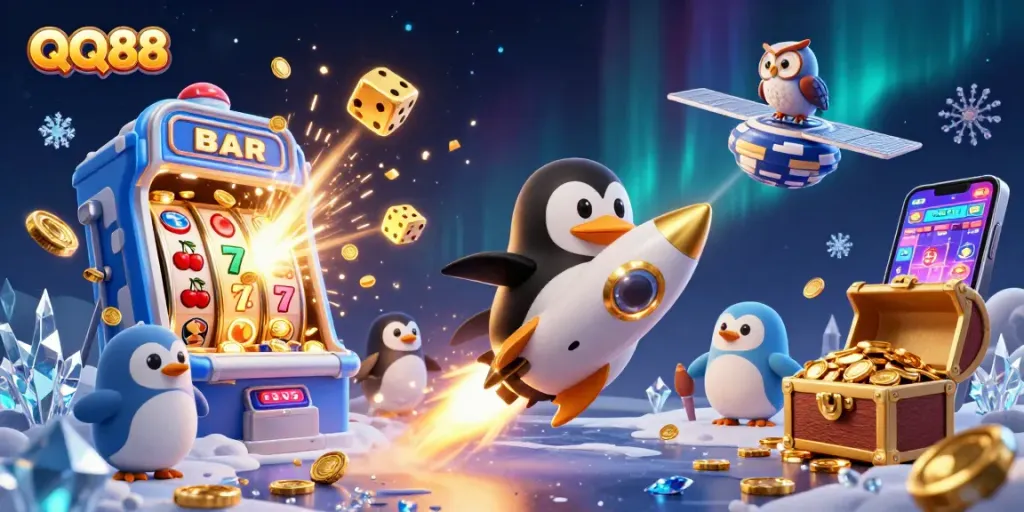 Play exciting games at QQ88 with our dynamic digital illustration showcasing a casino adventure.