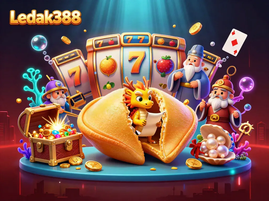 Experience Ledak388's interactive gaming energy with a whimsical 3D illustration of fortune cookie characters.