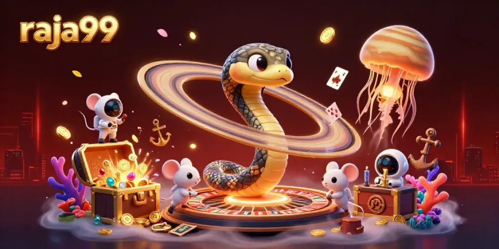 Experience the thrill of raja99 with a vibrant 3D casino scene featuring betting, roulette, and treasure chests.
