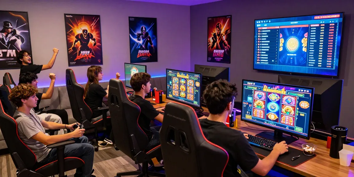 Intense gaming moment with friends enjoying bandar slot in a vibrant gaming lounge