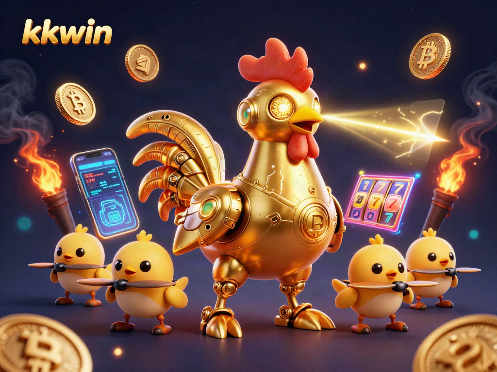Engage with kkwin's lively slots scene featuring a golden rooster robot and crypto elements.