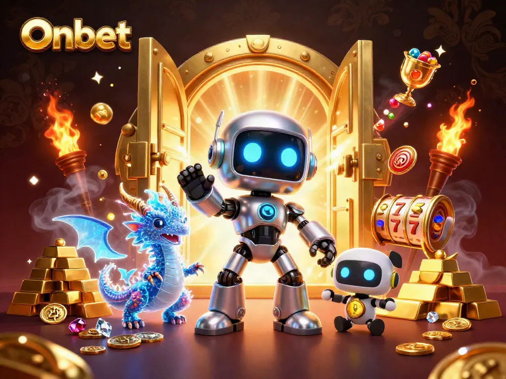 Onbet's exciting casino experience featuring neon robotic elements and spinning slot machines.