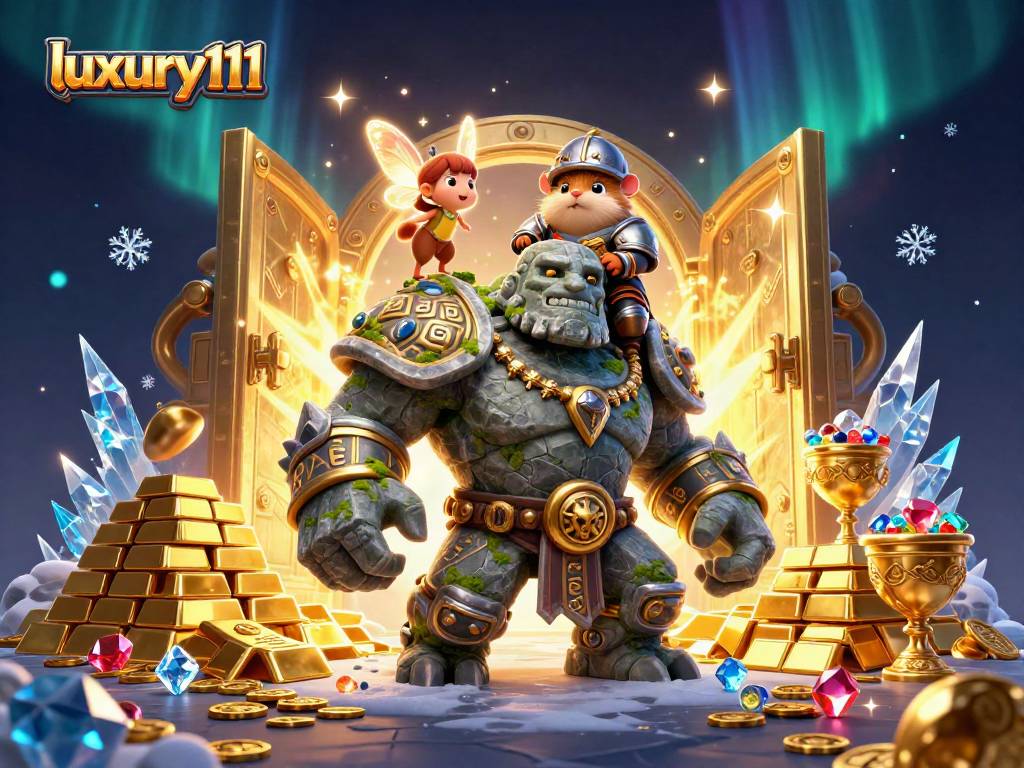 Experience luxury111 magic as a stone golem guardian and hamster knight explore a dazzling treasure scene.