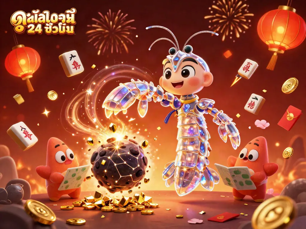 Experience ดูหนังออนไลน์ฟรี 24 ชั่วโมง with a dynamic 3D scene of a galactic mantis shrimp amidst a flurry of vibrant casino elements.