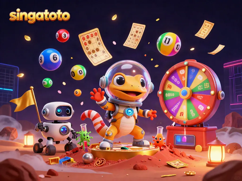 singatoto showcases a Martian gecko discovering a golden casino on Mars, filled with lottery excitement