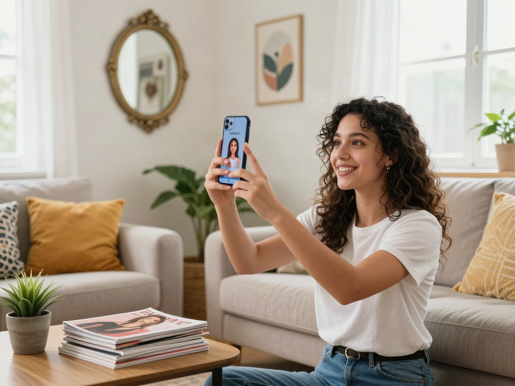 Young woman using 'how old do I look' app in a cozy living room, showcasing a warm and playful atmosphere.