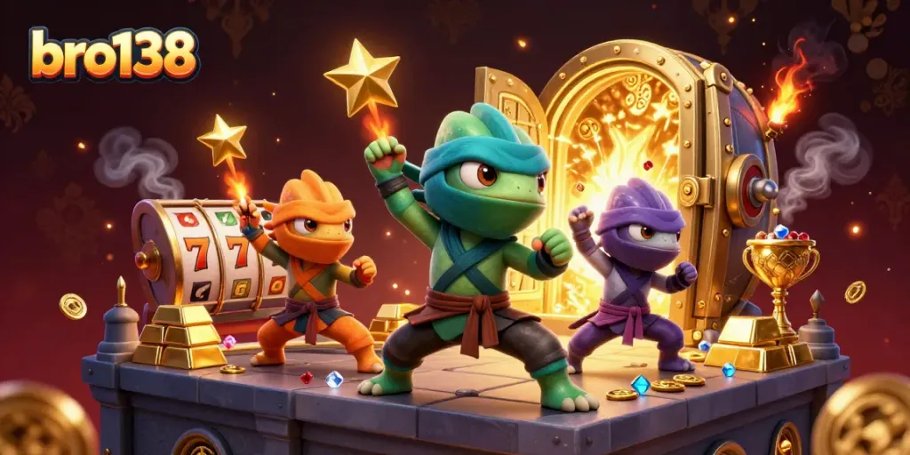Experience thrilling spins with bro138's dynamic ninja chameleons surrounded by golden treasures and slot machines.