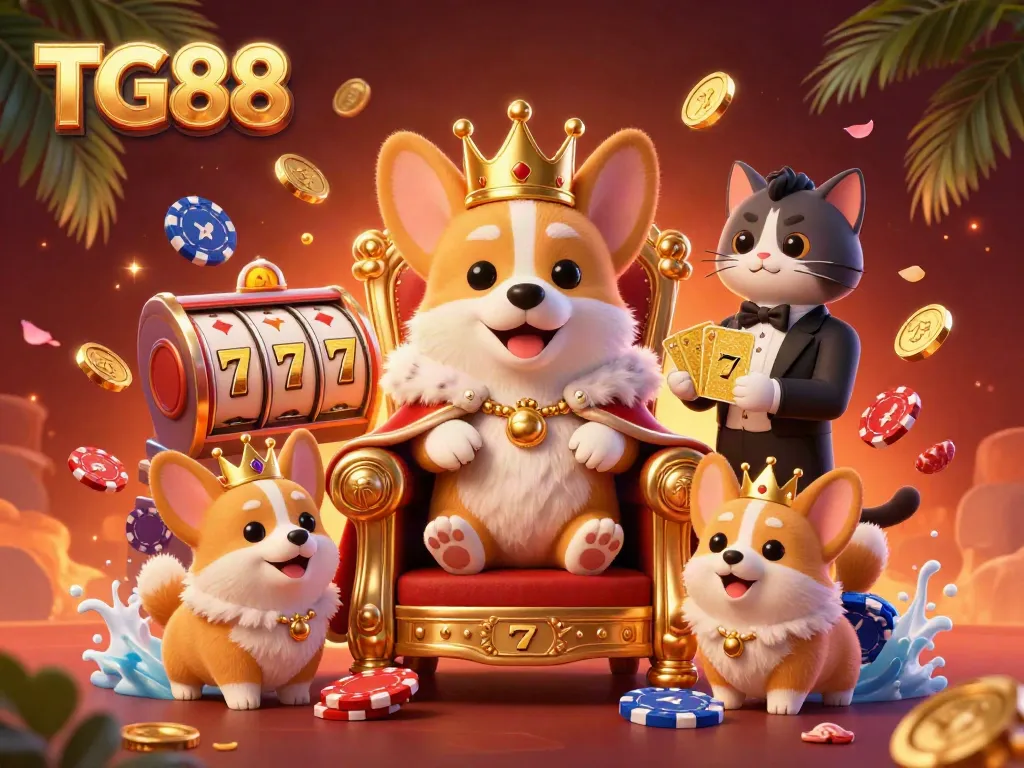 Experience the excitement at TG88 with a vivid casino-themed illustration showcasing royal elements.
