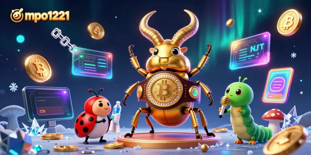 Experience mpo1221 excitement with a dynamic casino scene showcasing characters and crypto elements.