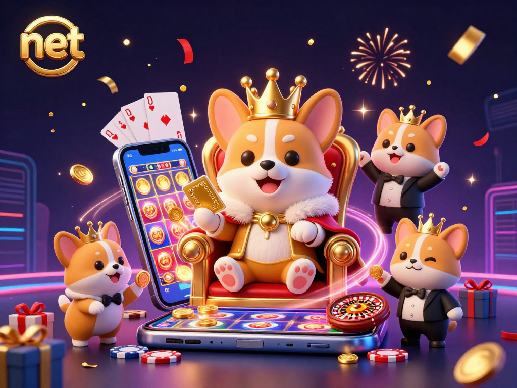 Experience the thrill of net gaming with a royal corgi and corgi companions in a vibrant casino scene.