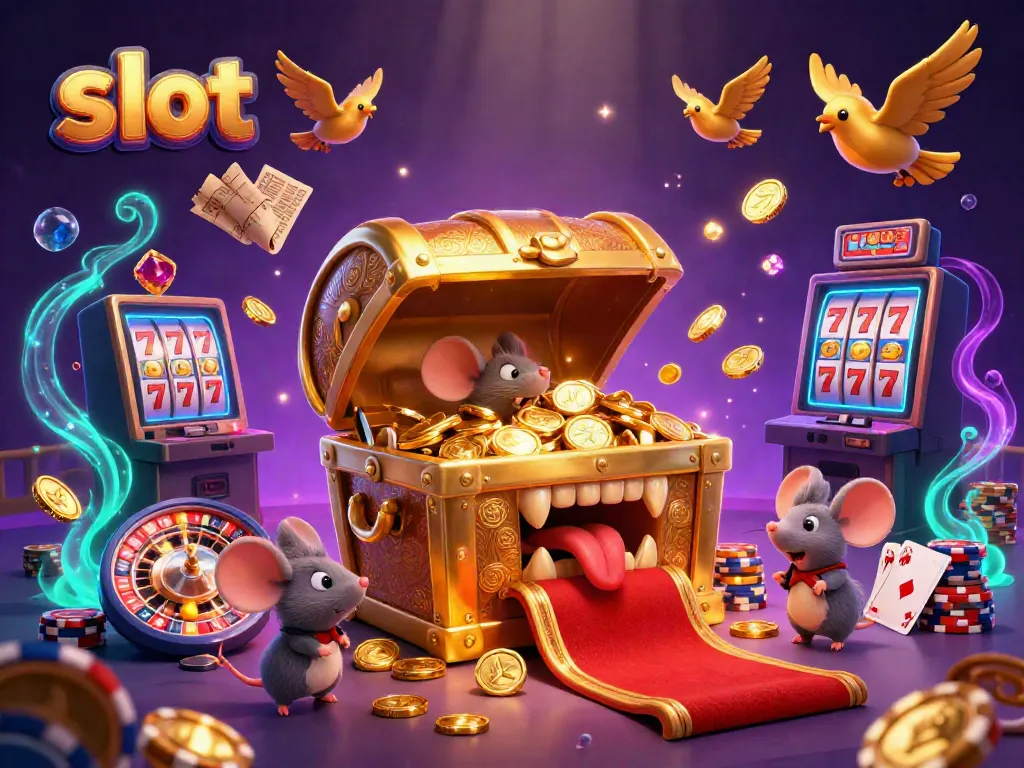 Permainan slot dengan gulungan keberuntungan dan tumpukan koin berkilauan menciptakan suasana kasino yang menarik.