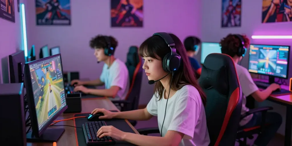 Engaging game online session with diverse players, vibrant environment, focused gaming.