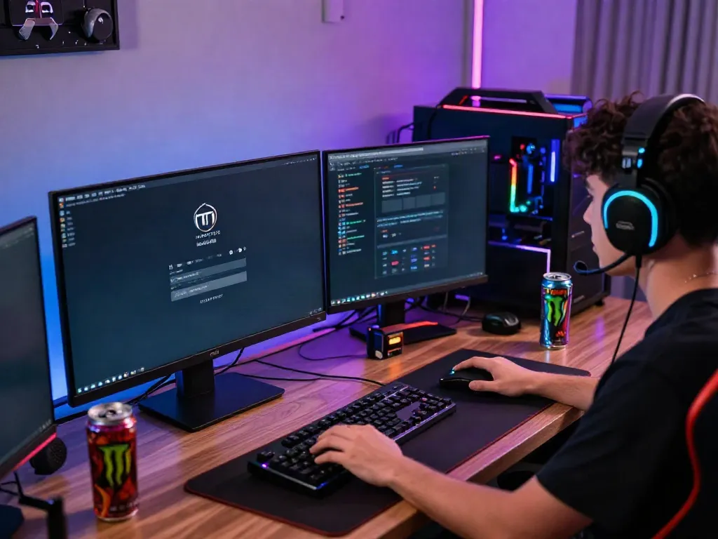 User engaged in HARGATOTO login at a vibrant gaming setup with multiple monitors.