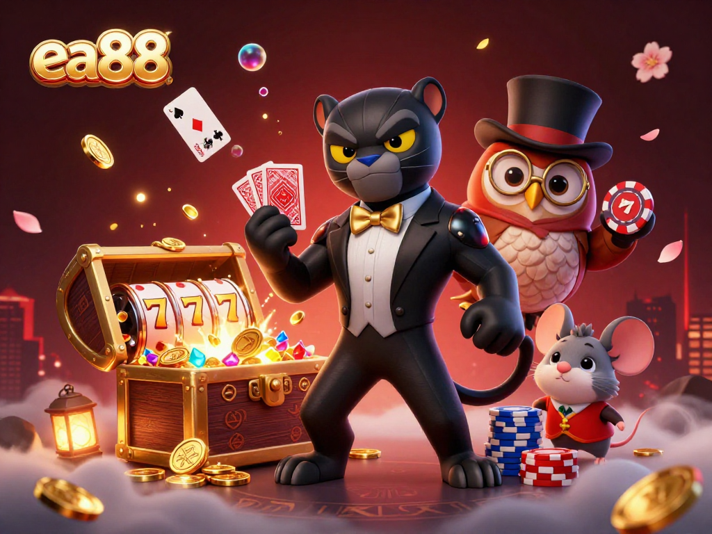ea88 showcases a stylish panther dealer with a lucky mouse and an owl, bursting with vibrant casino elements.