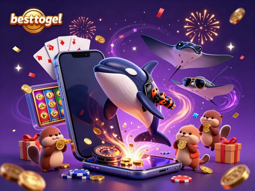 Gambarkan keseruan bermain togel dan slot di besttogel dengan karisma ikan orca dan keluarga anjing laut.