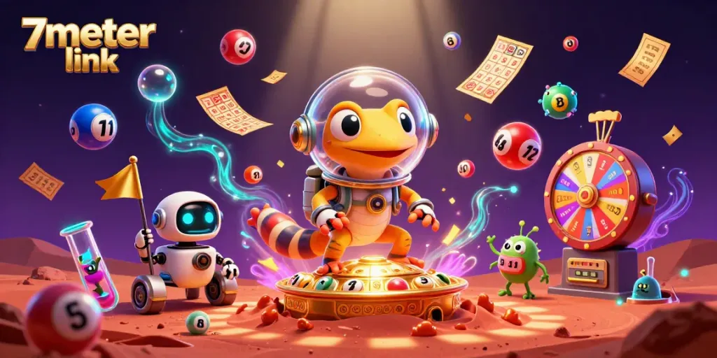 Engage with 7meter link as a Martian gecko uncovers a golden casino, showcasing thrilling gaming elements.