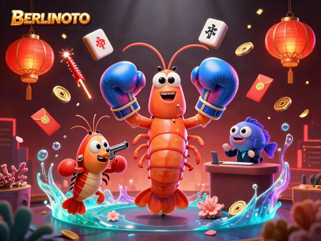 Berlintoto scene showcases a dynamic cartoon vivid 3D illustration with gambling elements, including a mantis shrimp and lucky items.