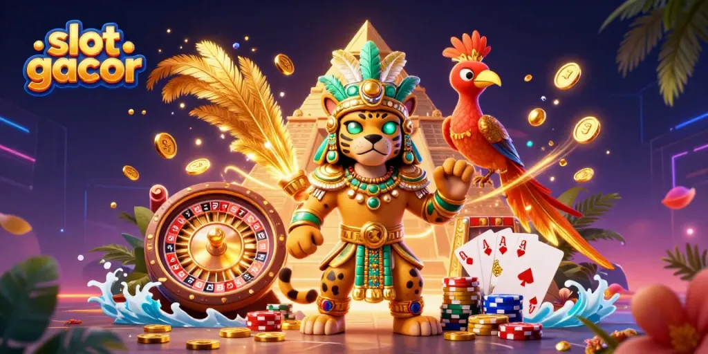 Engage with slot gacor gameplay featuring a Mayan priest amidst a casino scene of vibrant elements.